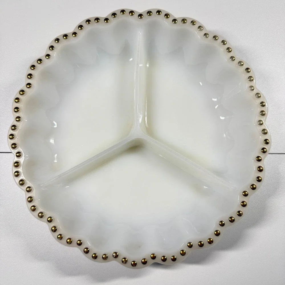 2 FIRE-KING Vintage White Milk Glass Gold Beaded Trim Serving Platter Relish